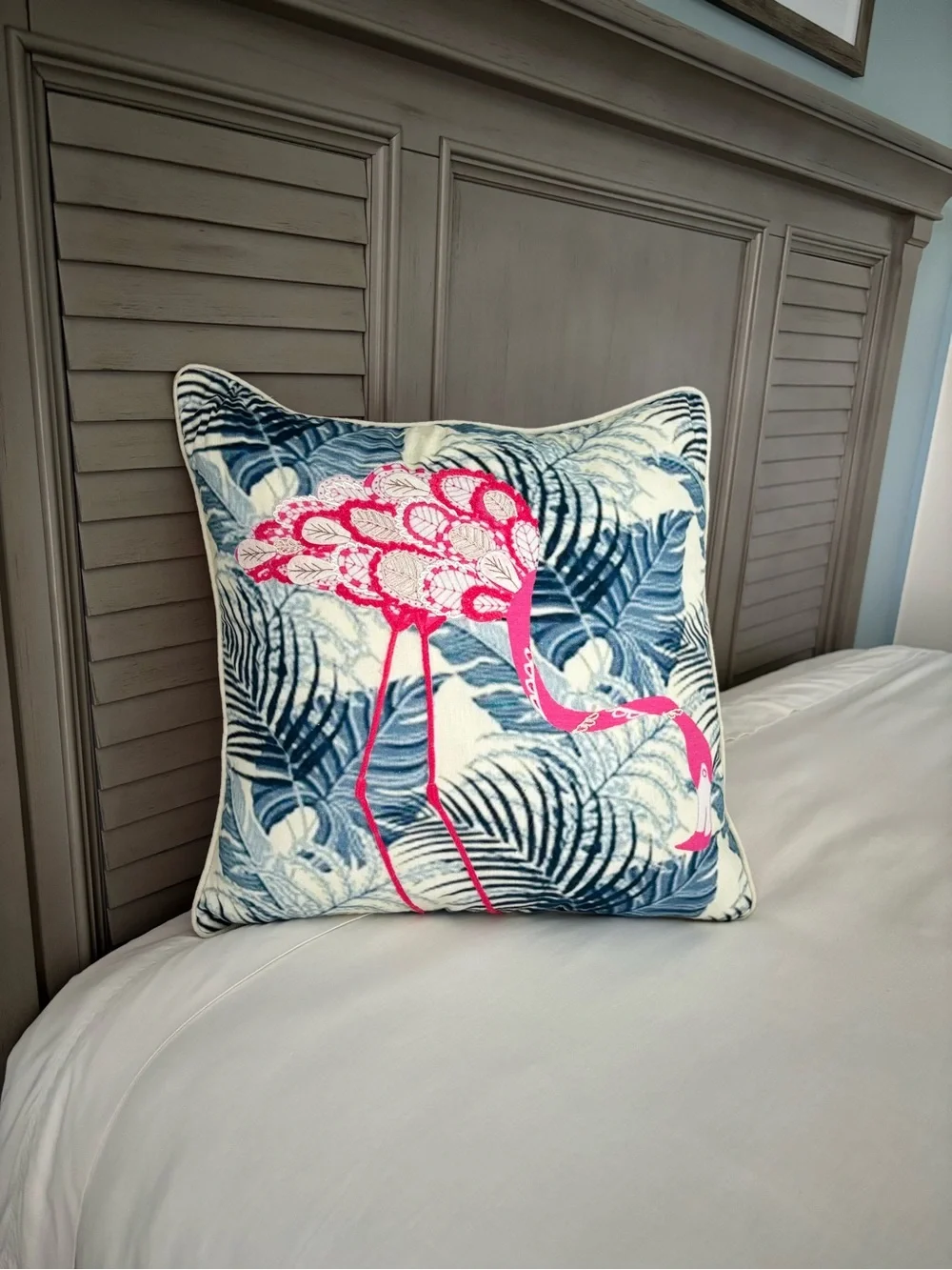 Decorative Blue Palm Print Pillow with Pink Flamingo Accent